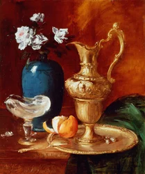Stillleben mit vergoldetem Krug, Blumenvase und einer facon de Venise Schale